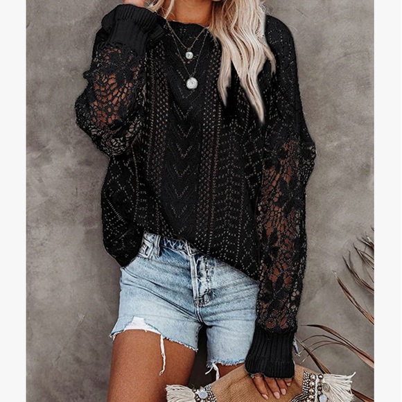 🔥 Women Lace Crochet Long Sleeve Crewneck Sweaters Winter Knit Pullover - Picture 2 of 5